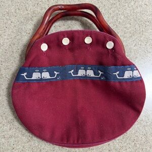 Burgundy Vintage Pappagallo Round Tote Bag with Whale Trim & pearl buttons.